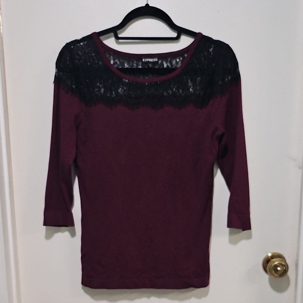 Express Women's Burgundy and Black Lace Top